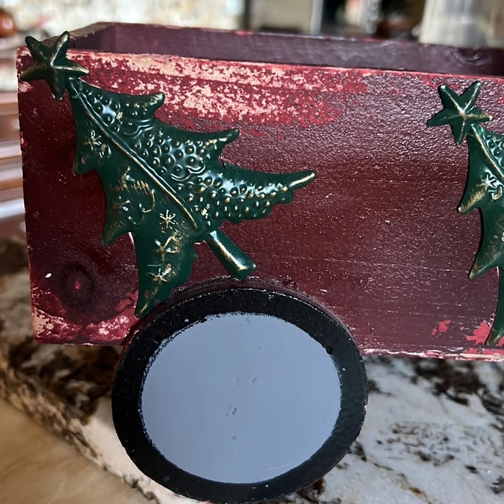 Holiday decor wooden trick with Christmas tree accents
